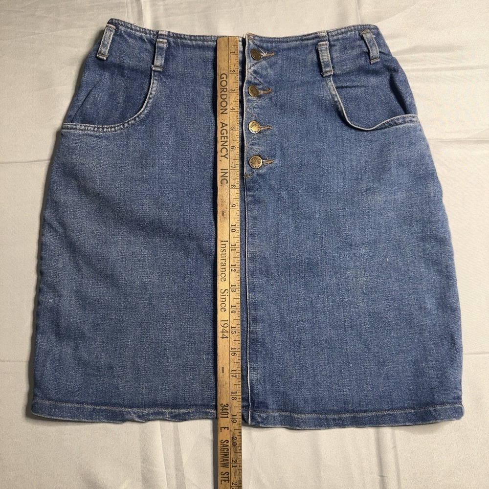 90's Jean Skirt Weathered Blues 4 Button Fly Mom‎ Fit GRWM Rear Slit Pockets